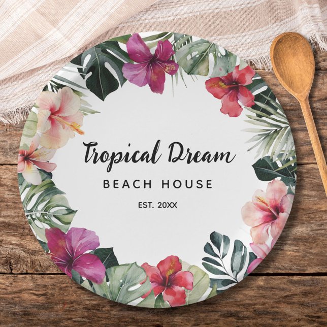 Watercolor Tropical Floral Botanical Summer Beach Paper Plates (In situ)