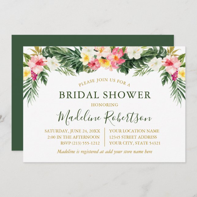 Watercolor Tropical Floral Bridal Shower Green Invitation (Front/Back)