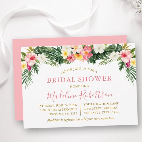 Watercolor Tropical Floral Bridal Shower Pink Invitation