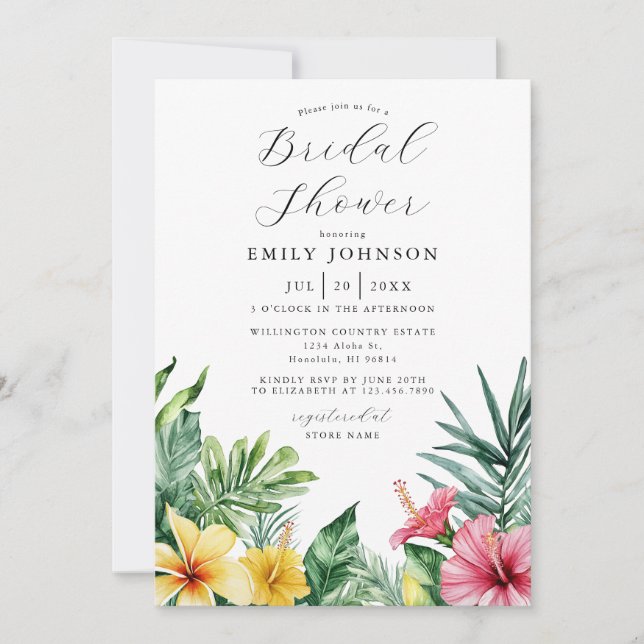 Watercolor Tropical Floral Bridal Shower QR Code Invitation (Front)