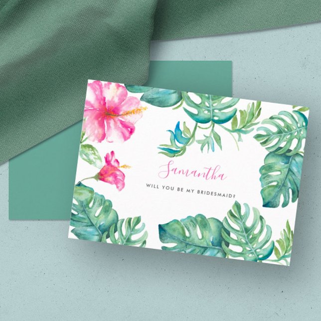 Watercolor Tropical Floral Bridesmaid Cards (floral bridesmaid cards tropical pink flowers palm leaves destination wedding Victoria Grigaliunas)