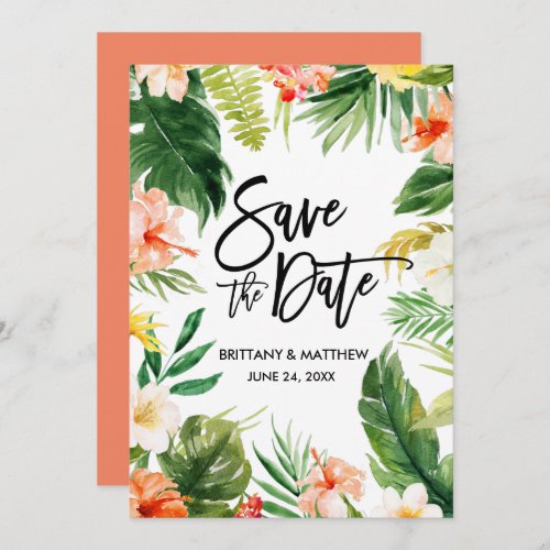 Watercolor Tropical Floral Brush Script Coral Save The Date