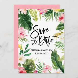 Watercolor Tropical Floral Brush Script Pink Save The Date