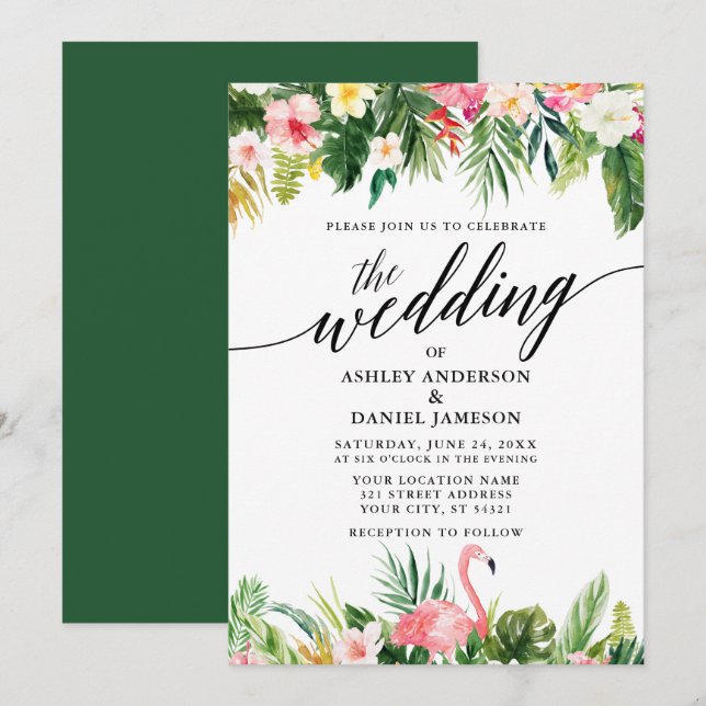 Watercolor Tropical Floral Calligraphy Wedding GR Invitation (Front/Back)