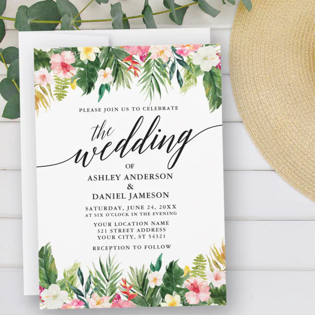 Watercolor Tropical Floral Calligraphy Wedding Invitation | Zazzle