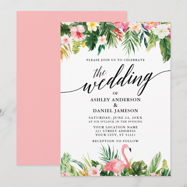 Watercolor Tropical Floral Calligraphy Wedding PK Invitation (Front/Back)