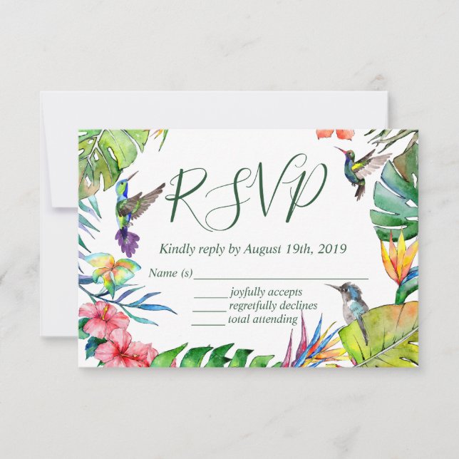 Watercolor Tropical Floral Colorful Wedding RSVP Card (Front)