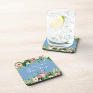 Watercolor Tropical Floral Family Beach House Blue Beverage Coaster