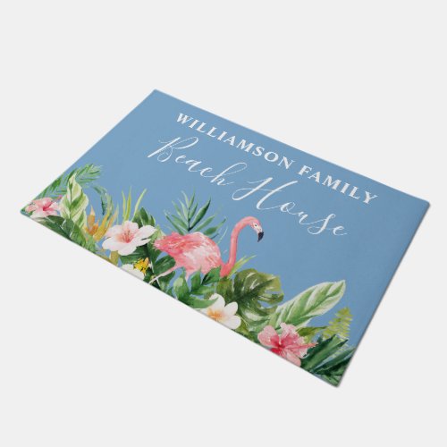 Watercolor Tropical Floral Family Beach House Blue Doormat