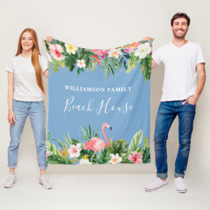 Watercolor Tropical Floral Family Beach House Blue Fleece Blanket