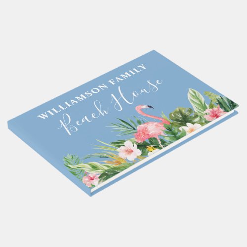 Watercolor Tropical Floral Family Beach House Blue Guest Book