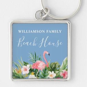 Watercolor Tropical Floral Family Beach House Blue Keychain