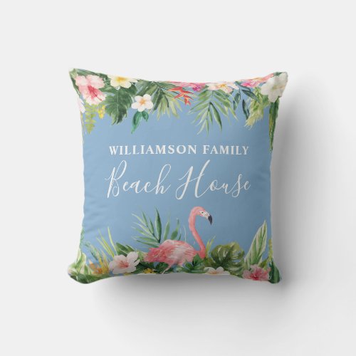 Watercolor Tropical Floral Family Beach House Blue Outdoor Pillow