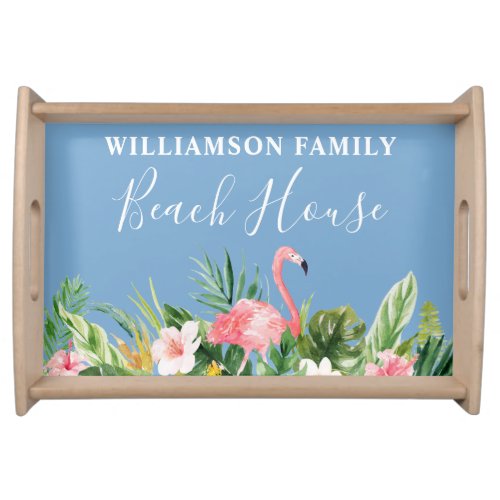 Watercolor Tropical Floral Family Beach House Blue Serving Tray