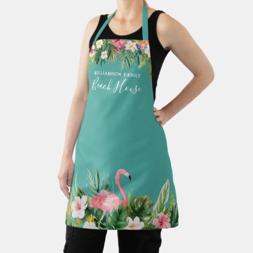 Watercolor Tropical Floral Family Name Beach House Apron