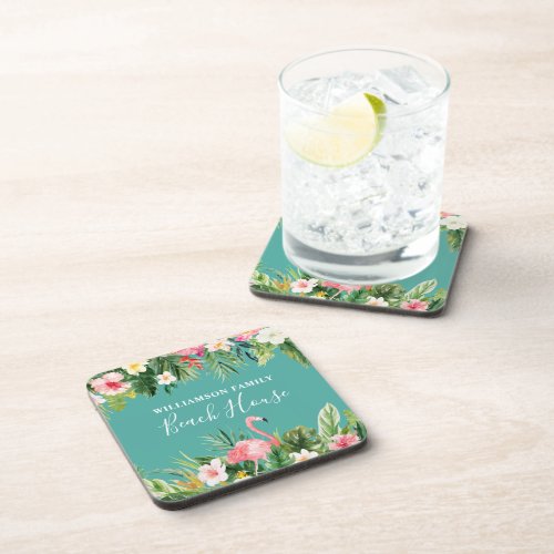 Watercolor Tropical Floral Family Name Beach House Beverage Coaster