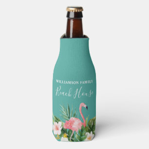 Watercolor Tropical Floral Family Name Beach House Bottle Cooler