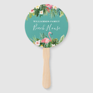 Watercolor Tropical Floral Family Name Beach House Hand Fan