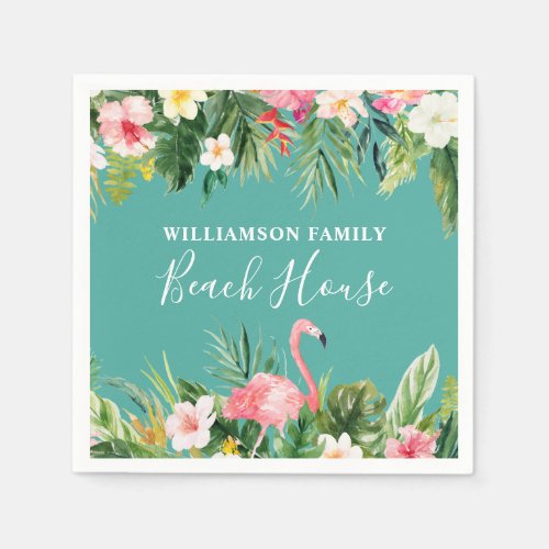 Watercolor Tropical Floral Family Name Beach House Napkins