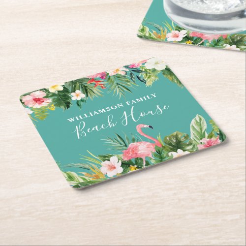 Watercolor Tropical Floral Family Name Beach House Square Paper Coaster