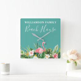 Watercolor Tropical Floral Family Name Beach House Square Wall Clock