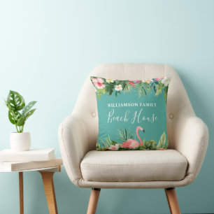 Watercolor Tropical Floral Family Name Beach House Throw Pillow