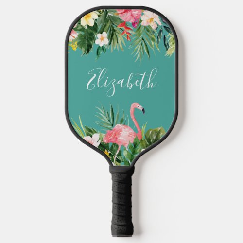 Watercolor Tropical Floral Flamingo Add Name Teal Pickleball Paddle