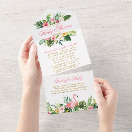 Watercolor Tropical Floral Flamingo Baby Shower All In One Invitation