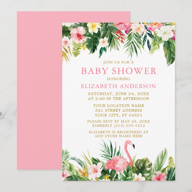 Watercolor Tropical Floral Flamingo Baby Shower Invitation (Front/Back)