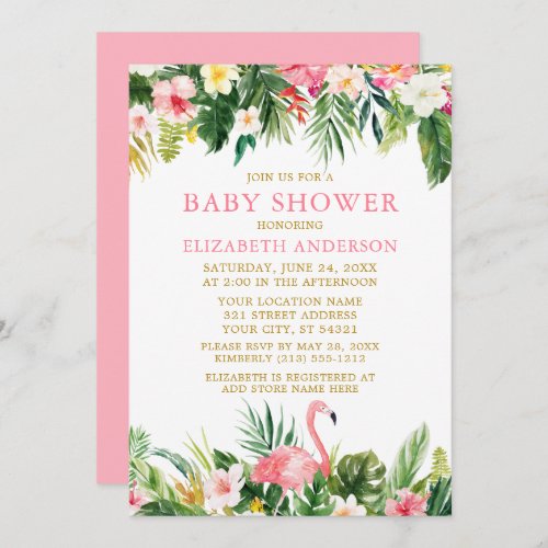Watercolor Tropical Floral Flamingo Baby Shower Invitation