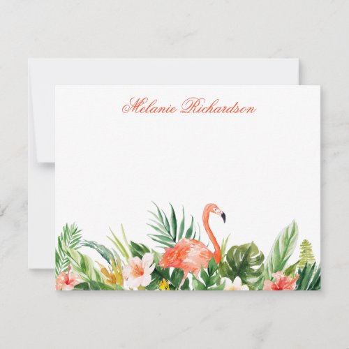 Watercolor Tropical Floral Flamingo Coral Note Card