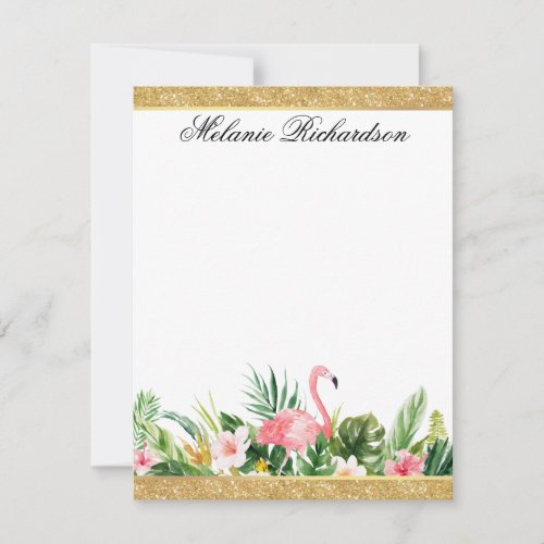 Watercolor Tropical Floral Flamingo Gold Glitter Note Card