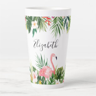 Watercolor Tropical Floral Flamingo Large Latte Mug