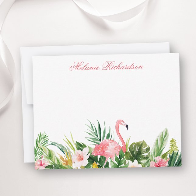 Watercolor Tropical Floral Flamingo Pink Note Card (Customize to change text size, color, style or to add more text to front or back of card.)
