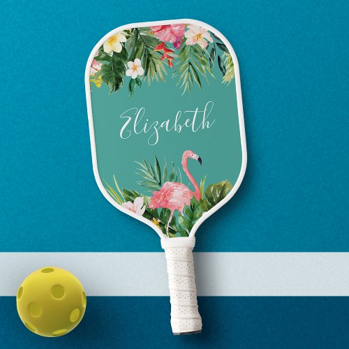 Watercolor Tropical Floral Flamingo Teal Add Name Pickleball Paddle