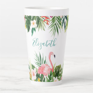 Watercolor Tropical Floral Flamingo Teal Large Latte Mug