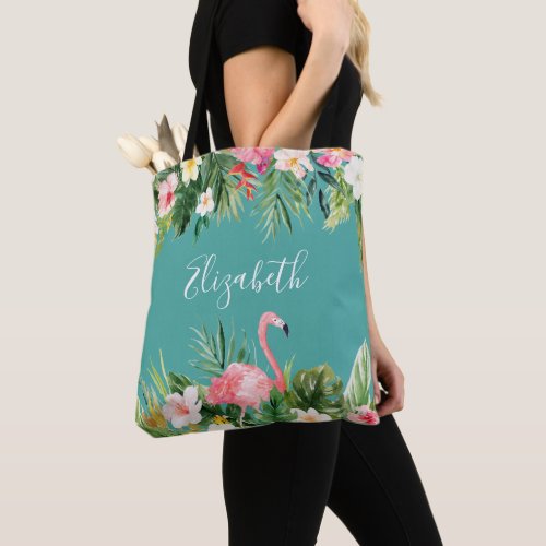 Watercolor Tropical Floral Flamingo Teal Tote Bag