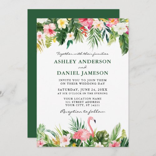 Watercolor Tropical Floral Flamingo Wedding Green Invitation