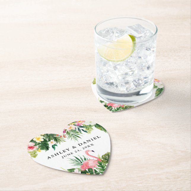 Watercolor Tropical Floral Flamingo Wedding Heart Paper Coaster (Insitu)