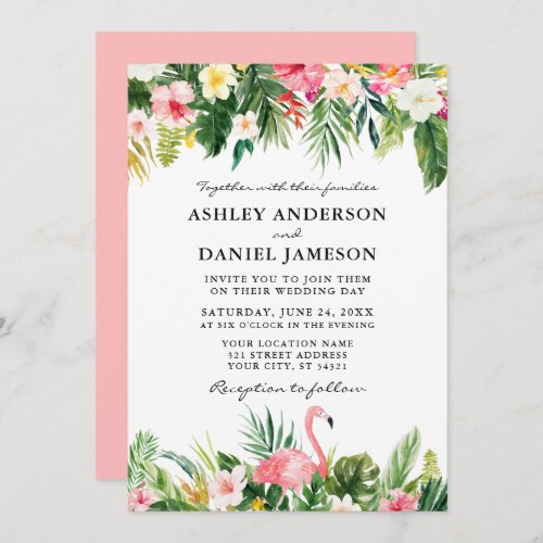 Watercolor Tropical Floral Flamingo Wedding Pink Invitation