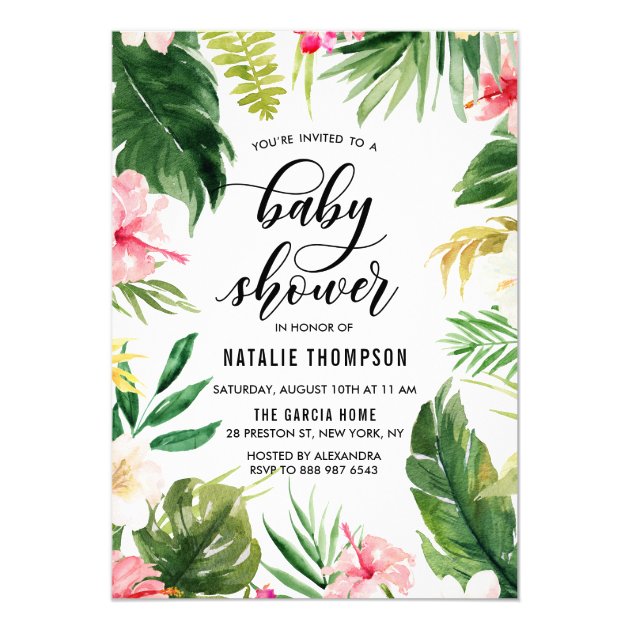 Watercolor Tropical Floral Frame Baby Shower Invitation
