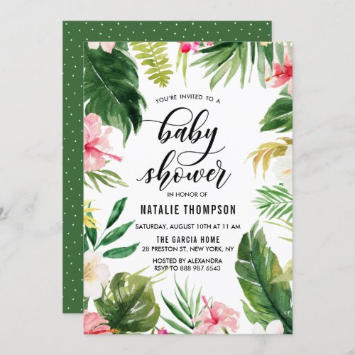 Watercolor Tropical Floral Frame Baby Shower Invitation