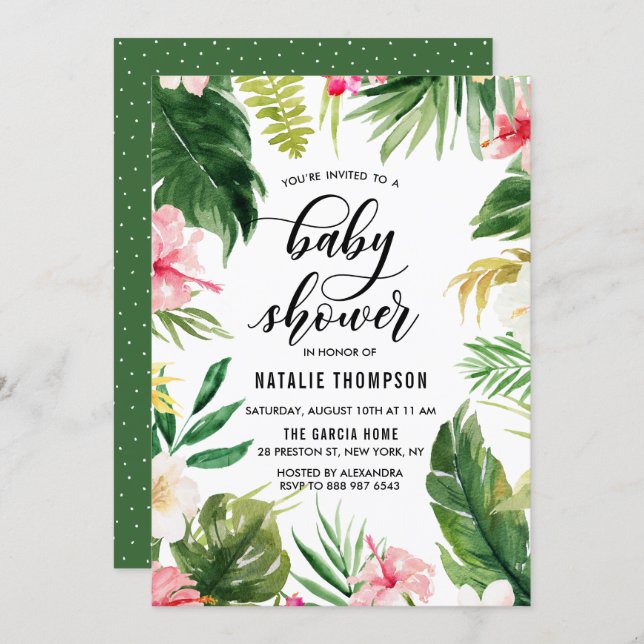 Watercolor Tropical Floral Frame Baby Shower Invitation (Front/Back)