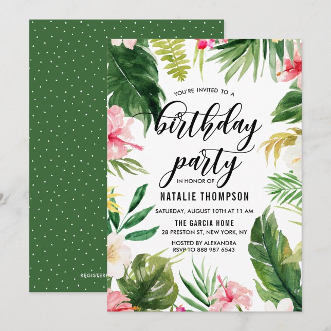 Watercolor Tropical Floral Frame Birthday Party Invitation (Front/Back)