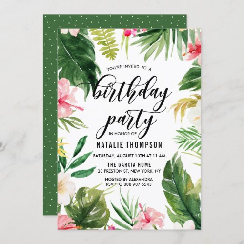 Watercolor Tropical Floral Frame Birthday Party Invitation