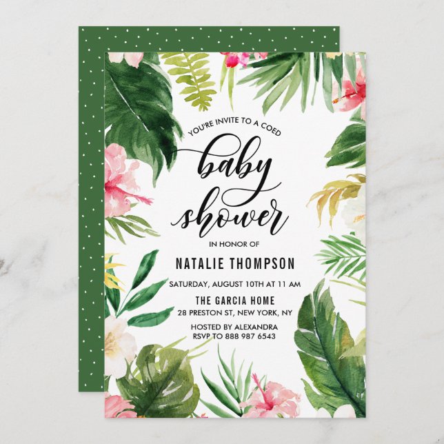 Watercolor Tropical Floral Frame Coed Baby Shower Invitation (Front/Back)