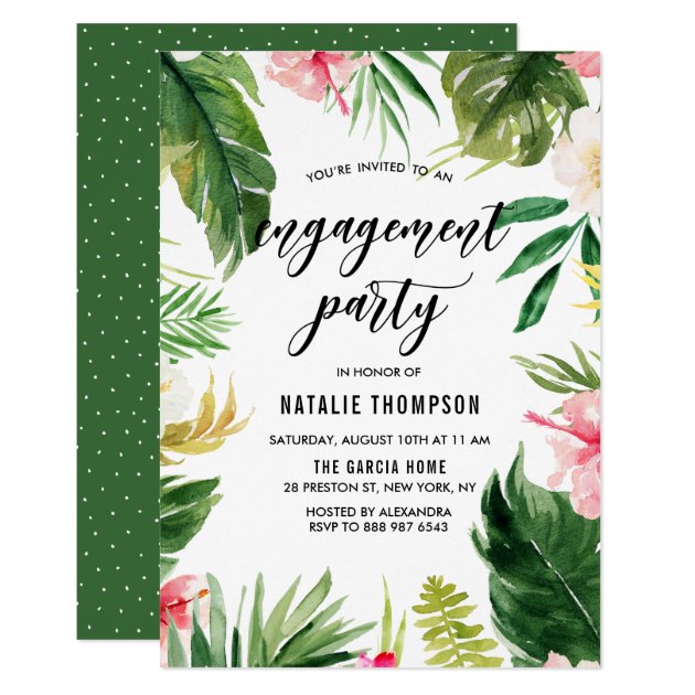 Watercolor Tropical Floral Frame Engagement Party Invitation