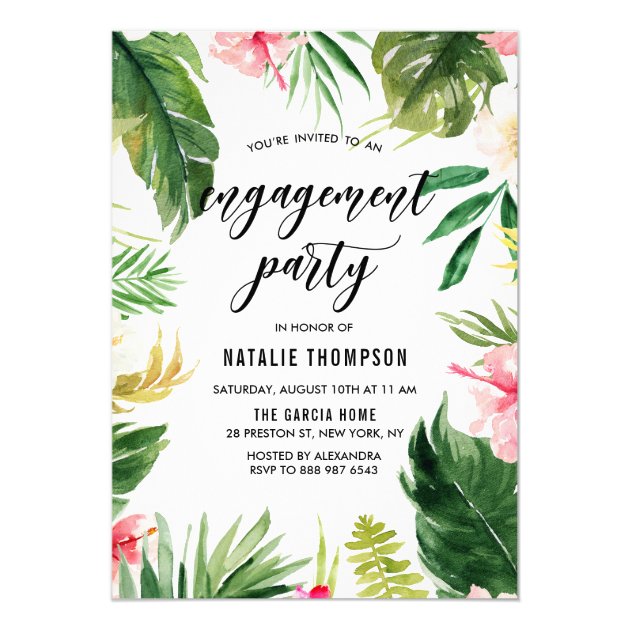 Watercolor Tropical Floral Frame Engagement Party Invitation