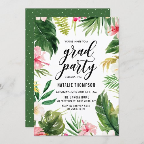 Watercolor Tropical Floral Frame Graduation Party Invitation