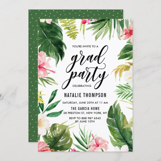 Watercolor Tropical Floral Frame Graduation Party Invitation (Front/Back)